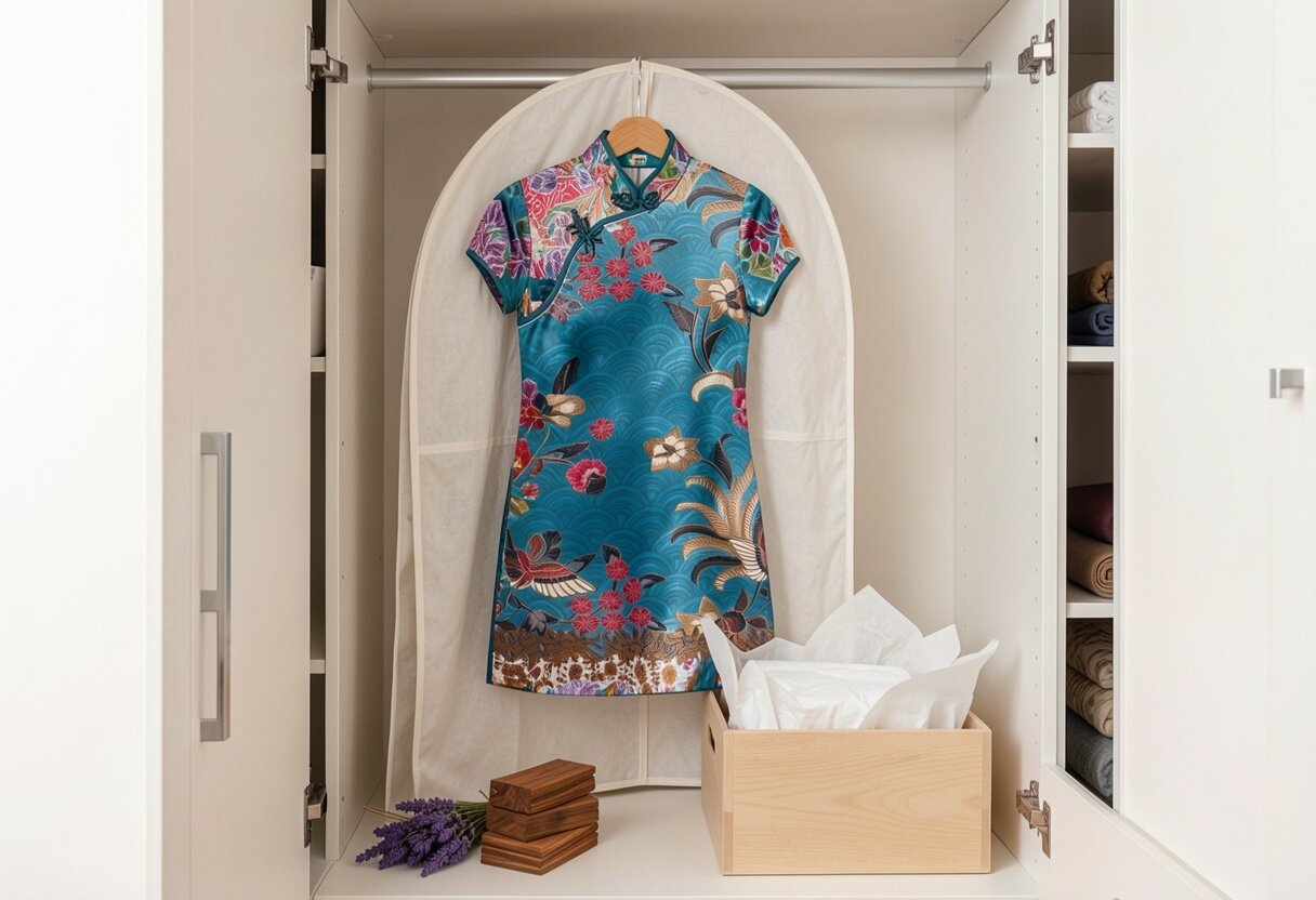 A cheongsam hanging neatly in a breathable cotton garment bag inside a clean, organised wardrobe